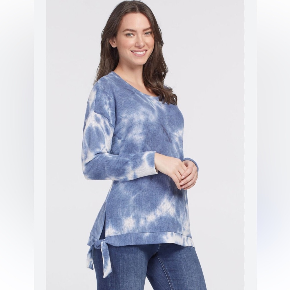 Tribal Tie-Hem Blue Tie-Dye Long Sleeve Waffle Top Size L